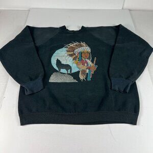 VTG 80s Wolf Indigenous Native Sweatshirt Large Black Faded Pullover Crewneck
